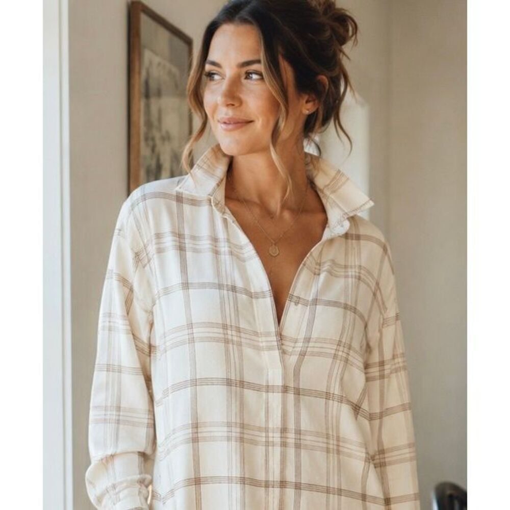 Umgee Ivory Taupe Windowpane Plaid Tunic Shirt Dress Boho Sz M Long Sleeve